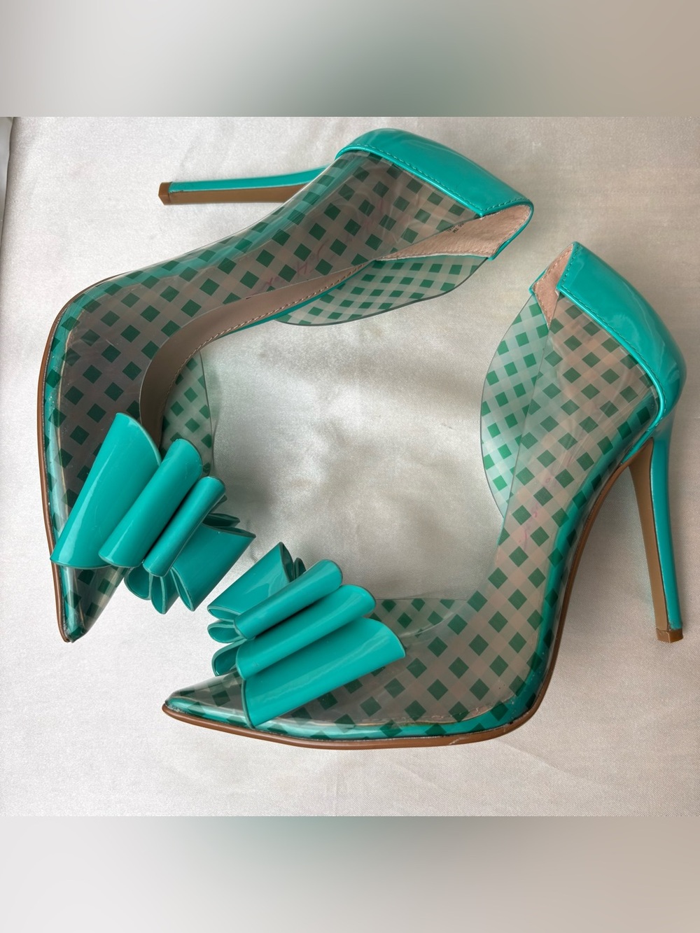 Betsey Johnson Teal Gingham & Clear Vinyl Heels - Picture 6 of 9